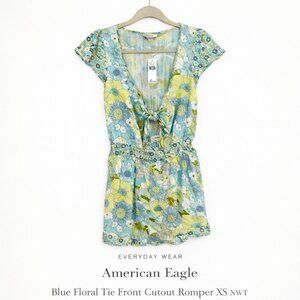 American Eagle Blue Floral Tie Front Cutout Romper XS NWT